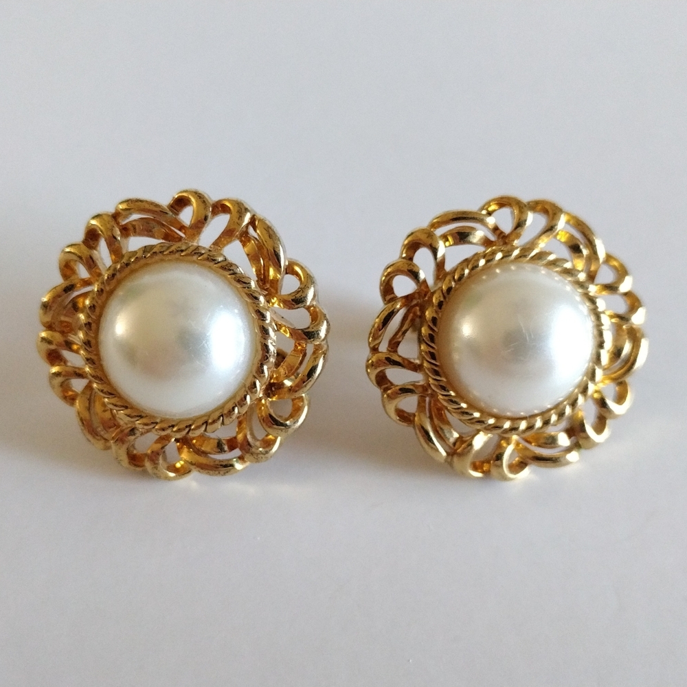 Napier Gold-Tone Faux Pearl Screw Back Earrings